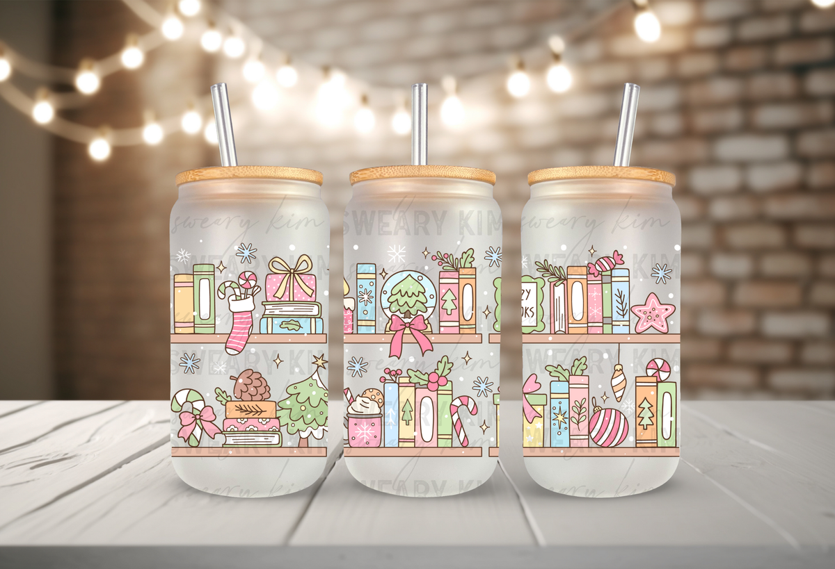 Christmas Book Shelves UV Dtf 16oz glass can wrap