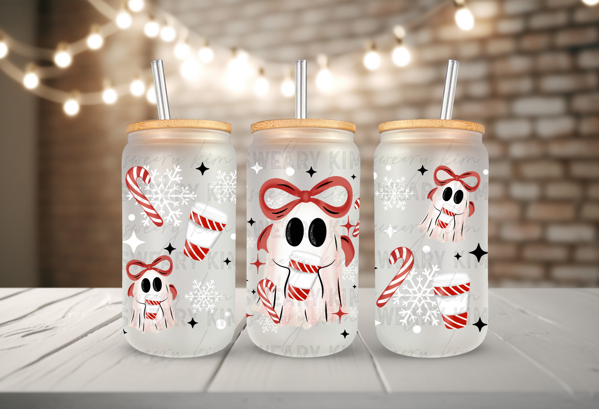 Girly Candy Cane Ghost UV Dtf 16oz glass can wrap