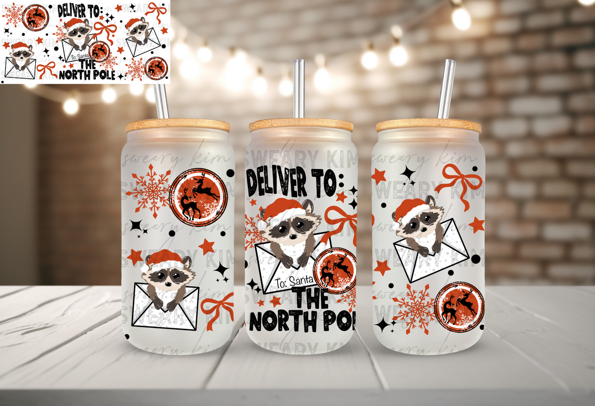 Raccoon Deliver To North Pole UV Dtf 16oz glass can wrap
