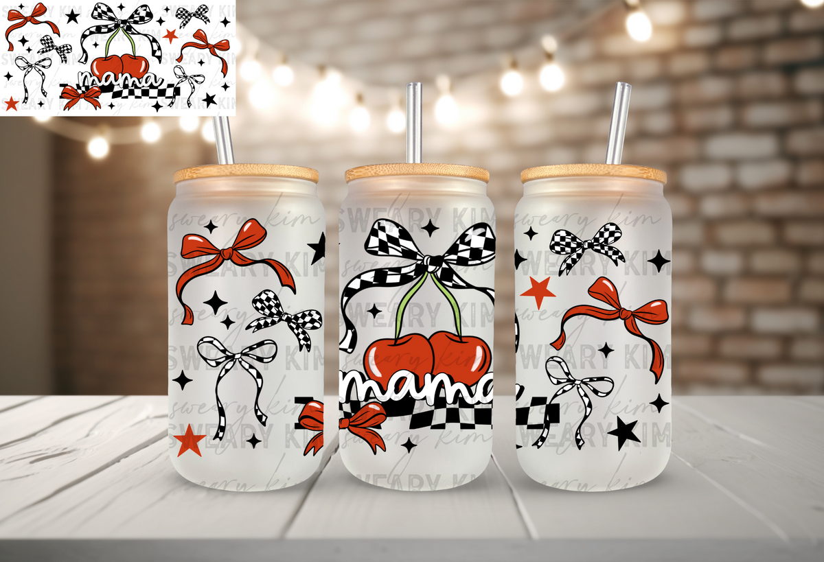 Exclusive Retro Mama Cherries UV Dtf 16oz glass can wrap