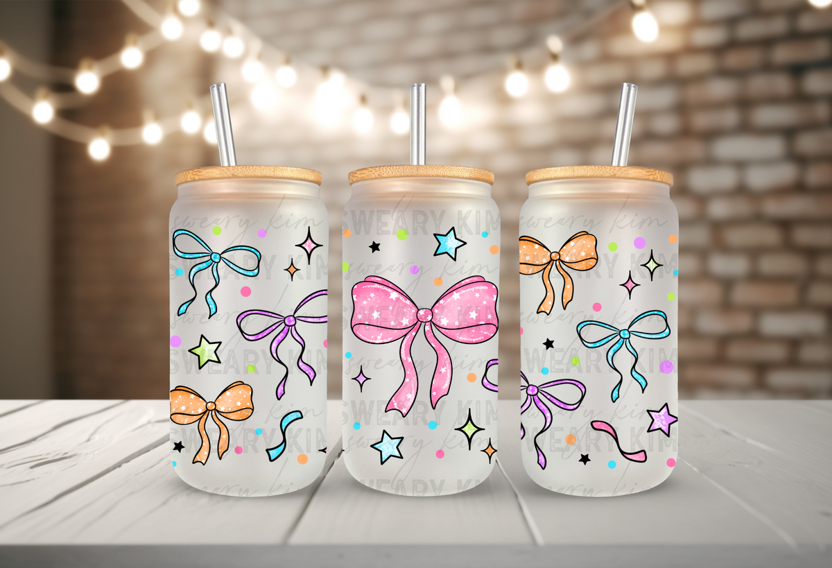 Exclusive Colorful Starry Bows UV Dtf 16oz glass can wrap