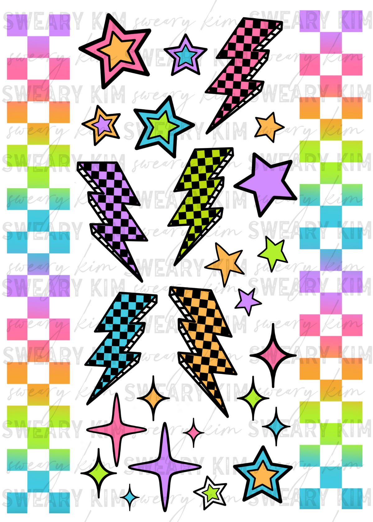 Exclusive Neon Checkers, Bolts, & Stars UV Dtf Element Sheet
