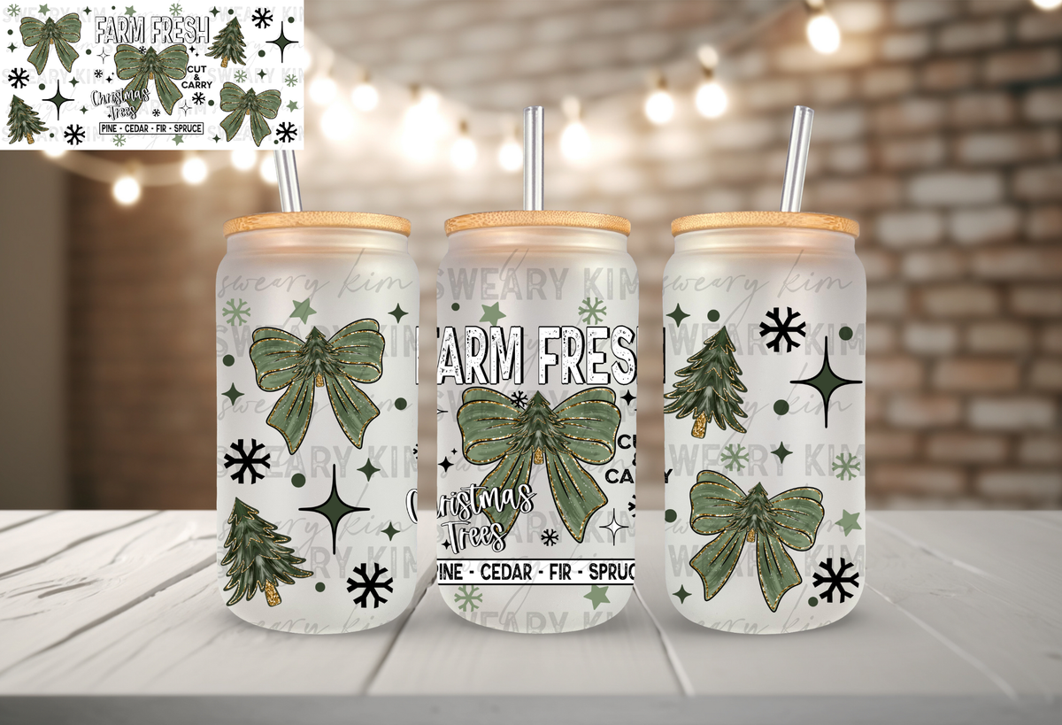 Farm Fresh Christmas Trees Bows UV Dtf 16oz glass can wrap