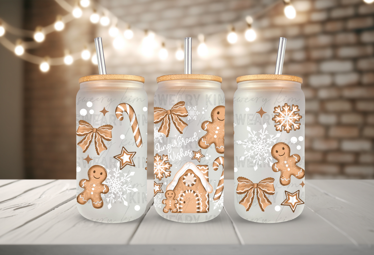 Gingerbread Wishes UV Dtf 16oz glass can wrap