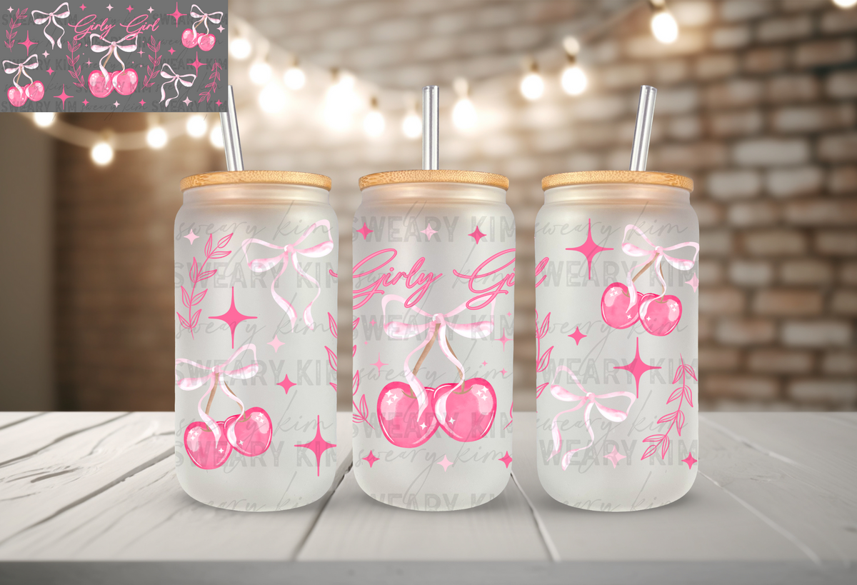 Girly Girl Varsity Cherries UV Dtf 16oz glass can wrap