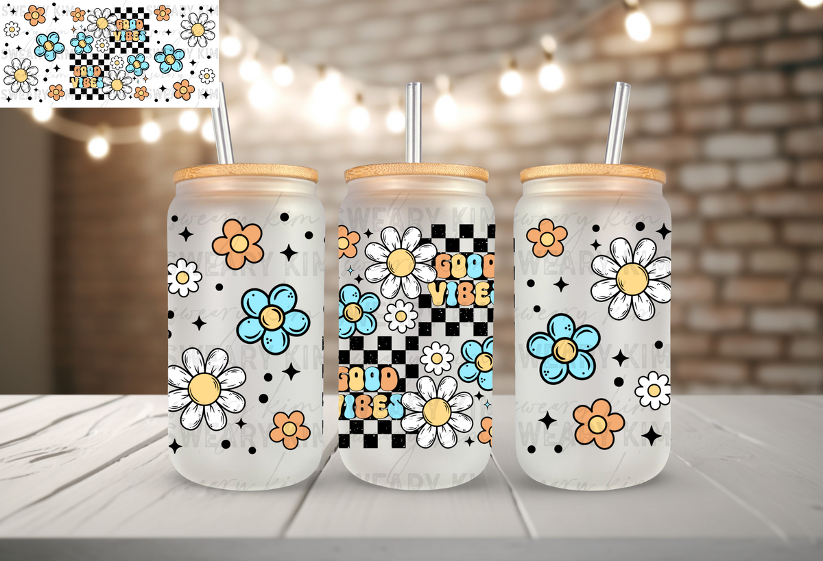 Good Vibes Checkers & Florals UV Dtf 16oz glass can wrap