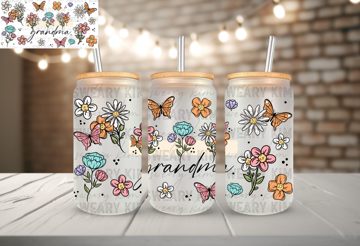 Grandma Butterfly Florals UV Dtf 16oz glass can wrap