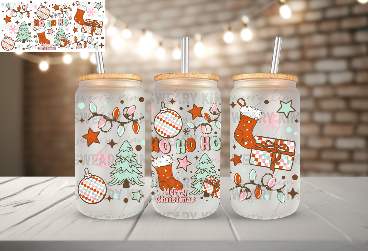 Pastel Ho Ho Ho UV Dtf 16oz glass can wrap