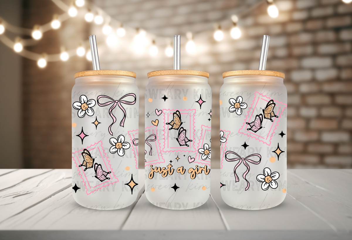 Just A Girl Butterfly Stamps UV Dtf 16oz glass can wrap