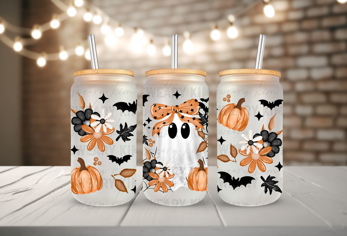 Girly Fall Ghost UV Dtf 16oz glass can wrap