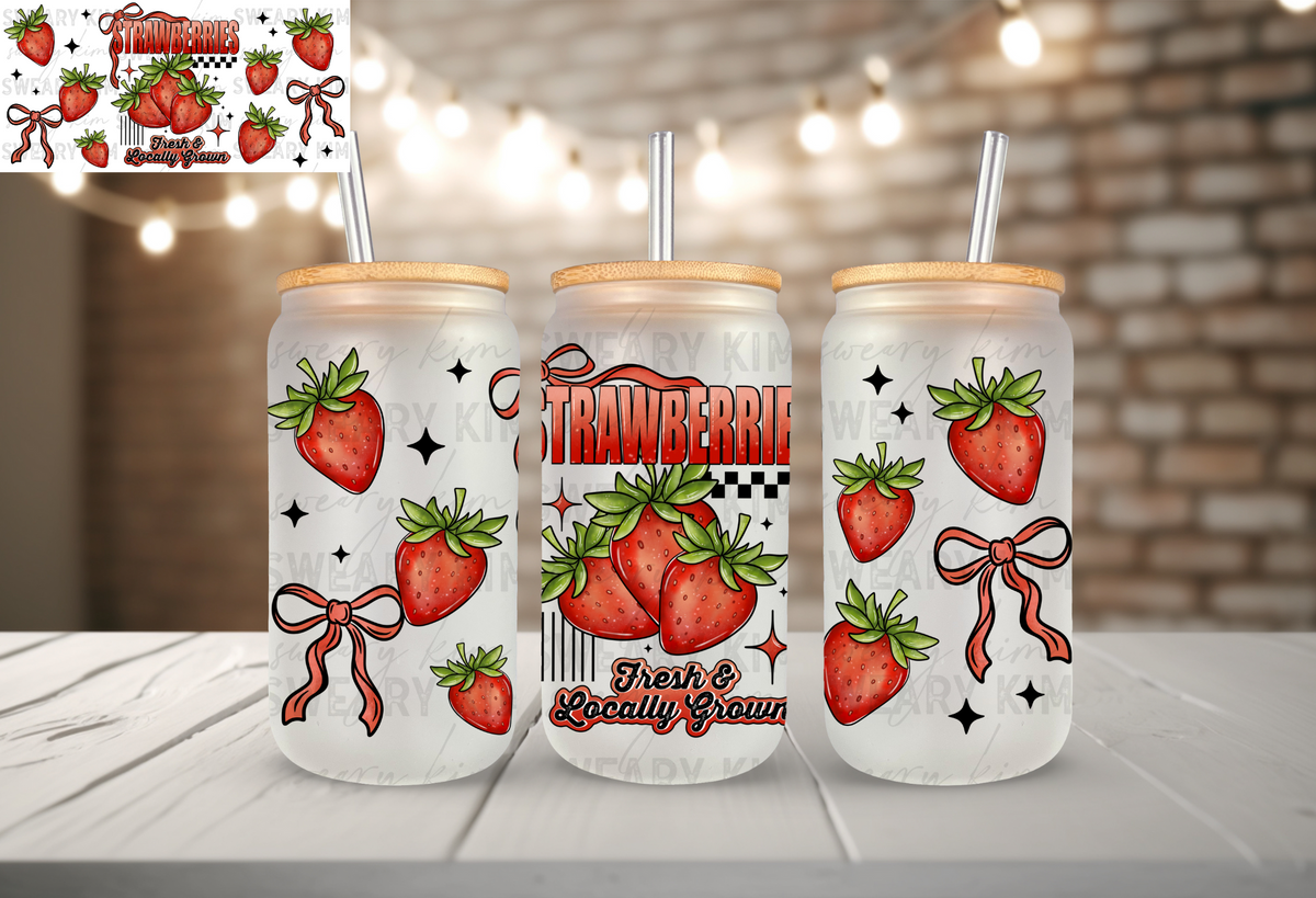 Locally Grown Strawberries & Bows UV Dtf 16oz glass can wrap