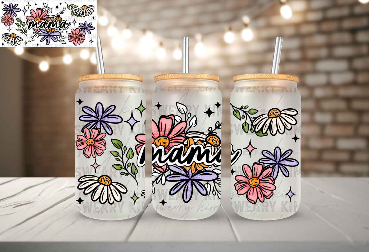 Floral Mama & Stars UV Dtf 16oz glass can wrap
