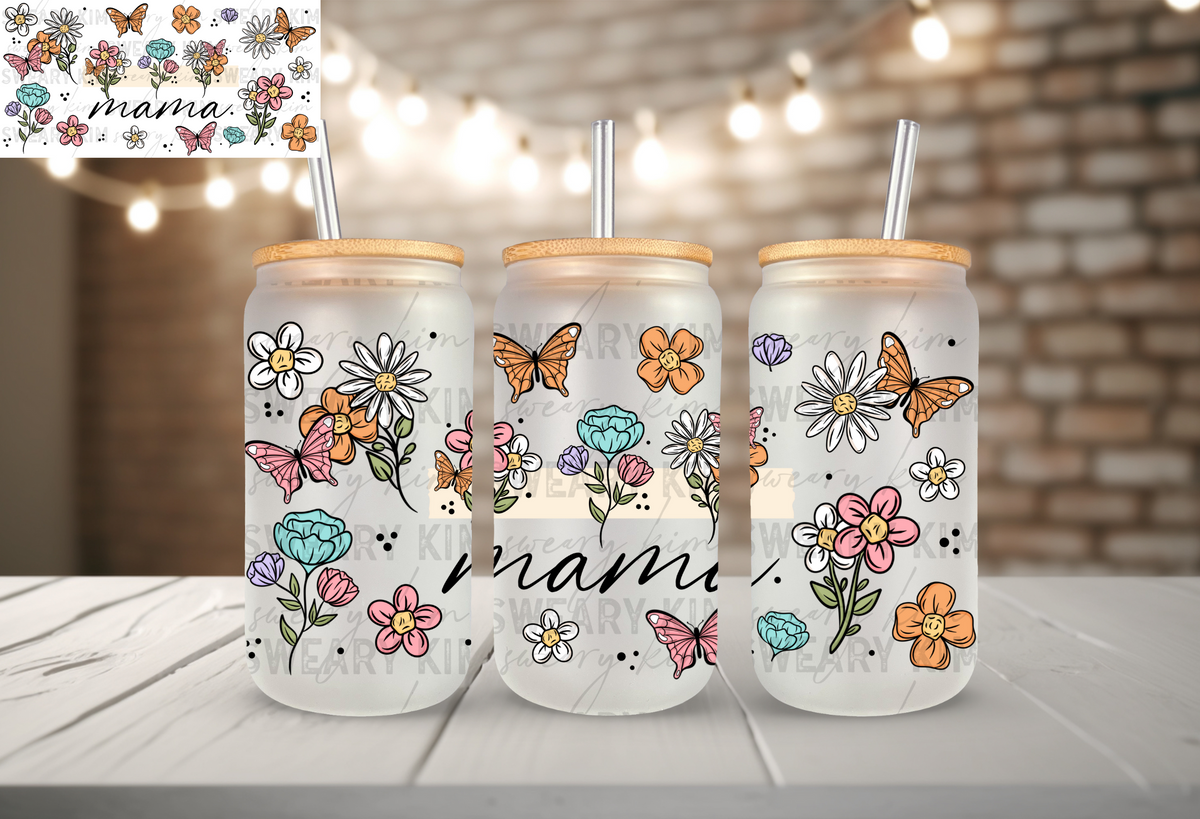 Mama Butterfly Florals UV Dtf 16oz glass can wrap