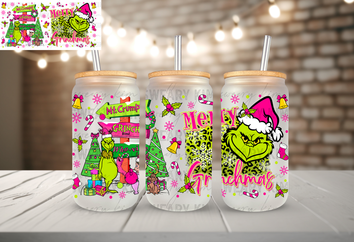 Merry Greenmas UV Dtf 16oz glass can wrap