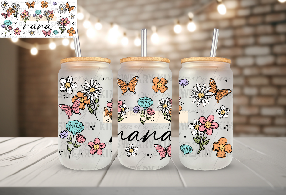 Nana Butterfly Florals UV Dtf 16oz glass can wrap