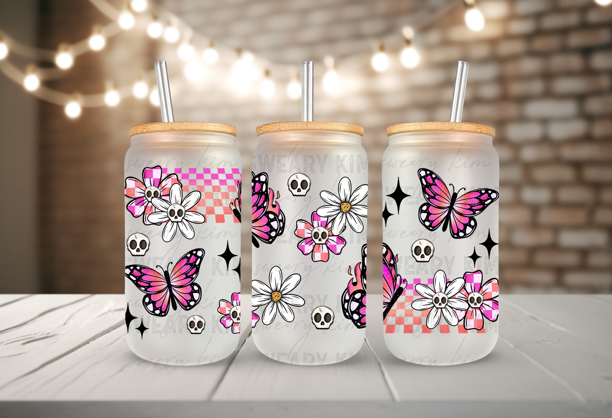 Neon Pink Butterfly Checkers UV Dtf 16oz glass can wrap
