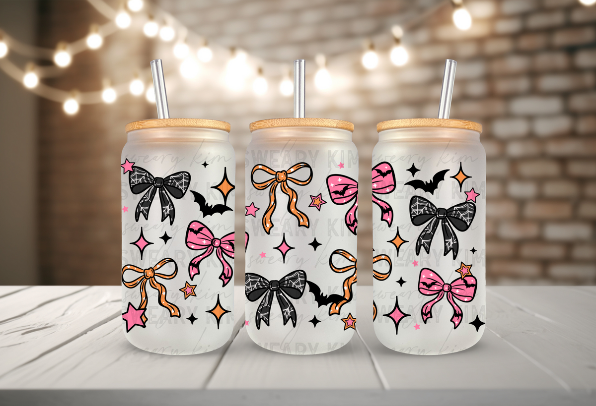 Spooky Patterned Bows UV Dtf 16oz glass can wrap