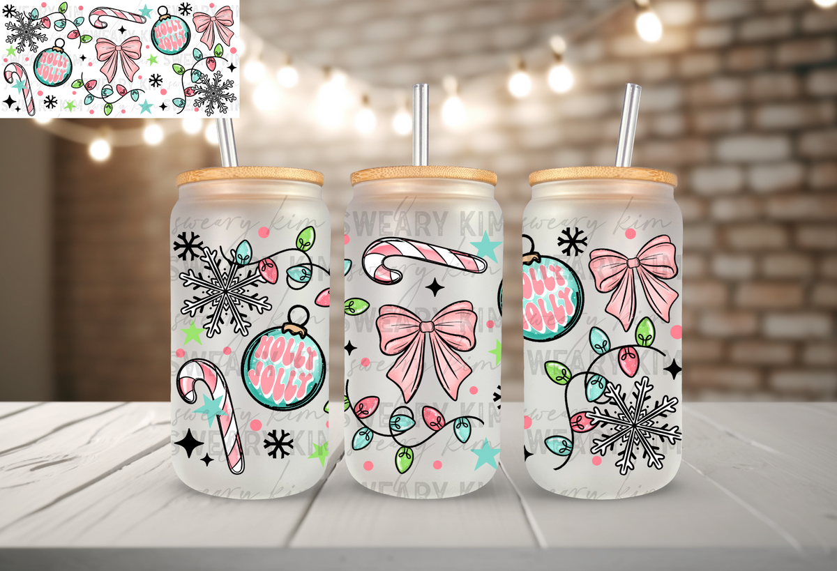 Holly Jolly UV Dtf 16oz glass can wrap