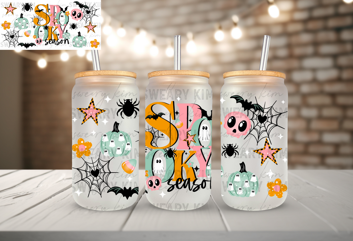 Spooky Season Spiders & Pumpkins UV Dtf 16oz glass can wrap