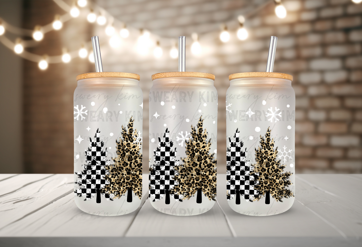 Leopard & Checkered Trees UV Dtf 16oz glass can wrap