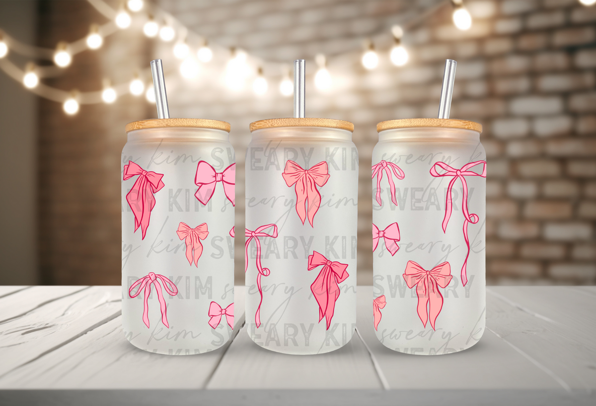 Pink Whimsy Bows UV Dtf 16oz glass can wrap
