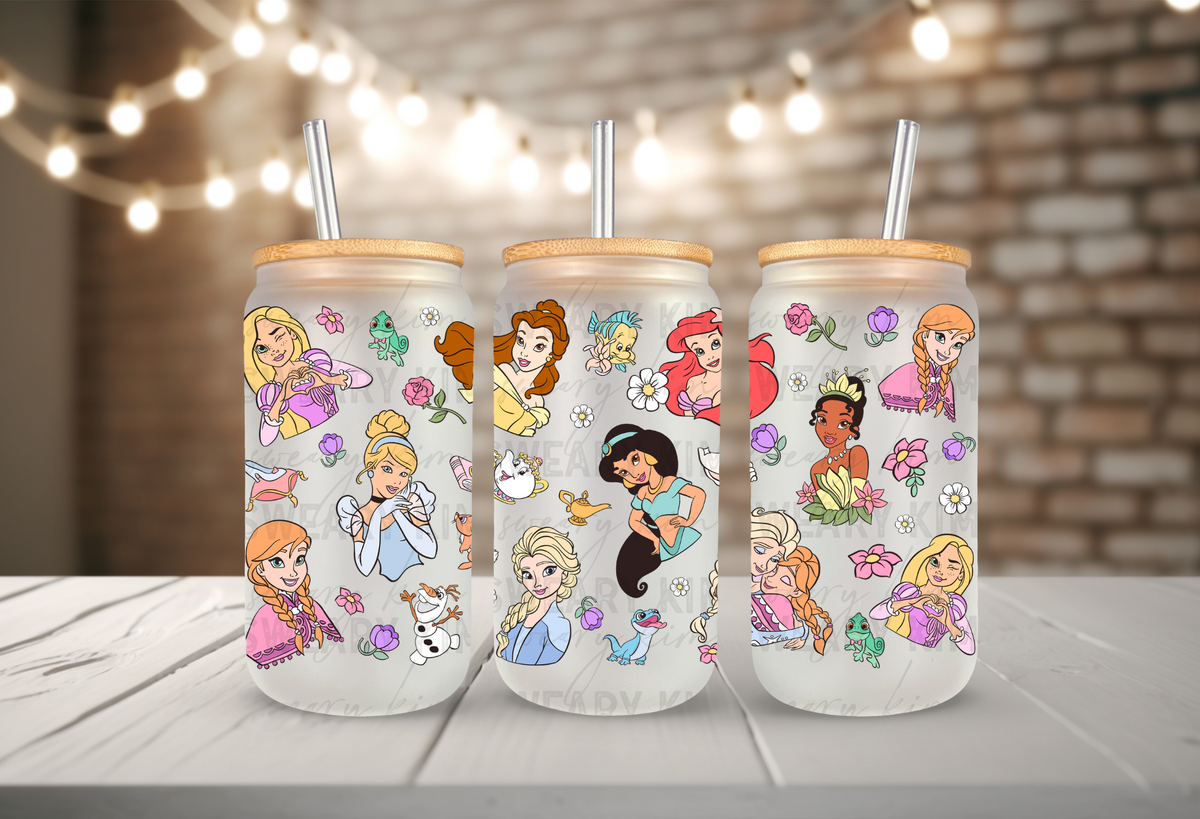 Princesses & Main Characters UV Dtf 16oz glass can wrap