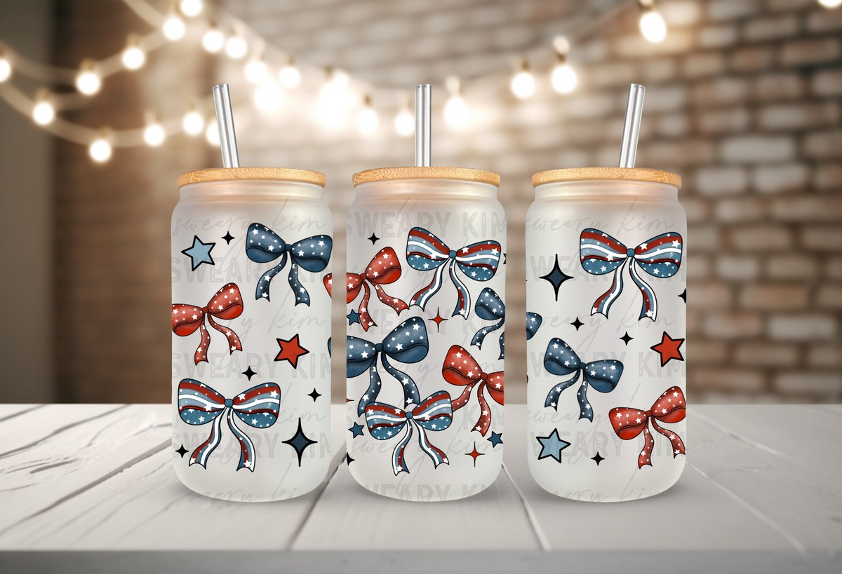 Red, White, & Blue Bows UV Dtf 16oz glass can wrap