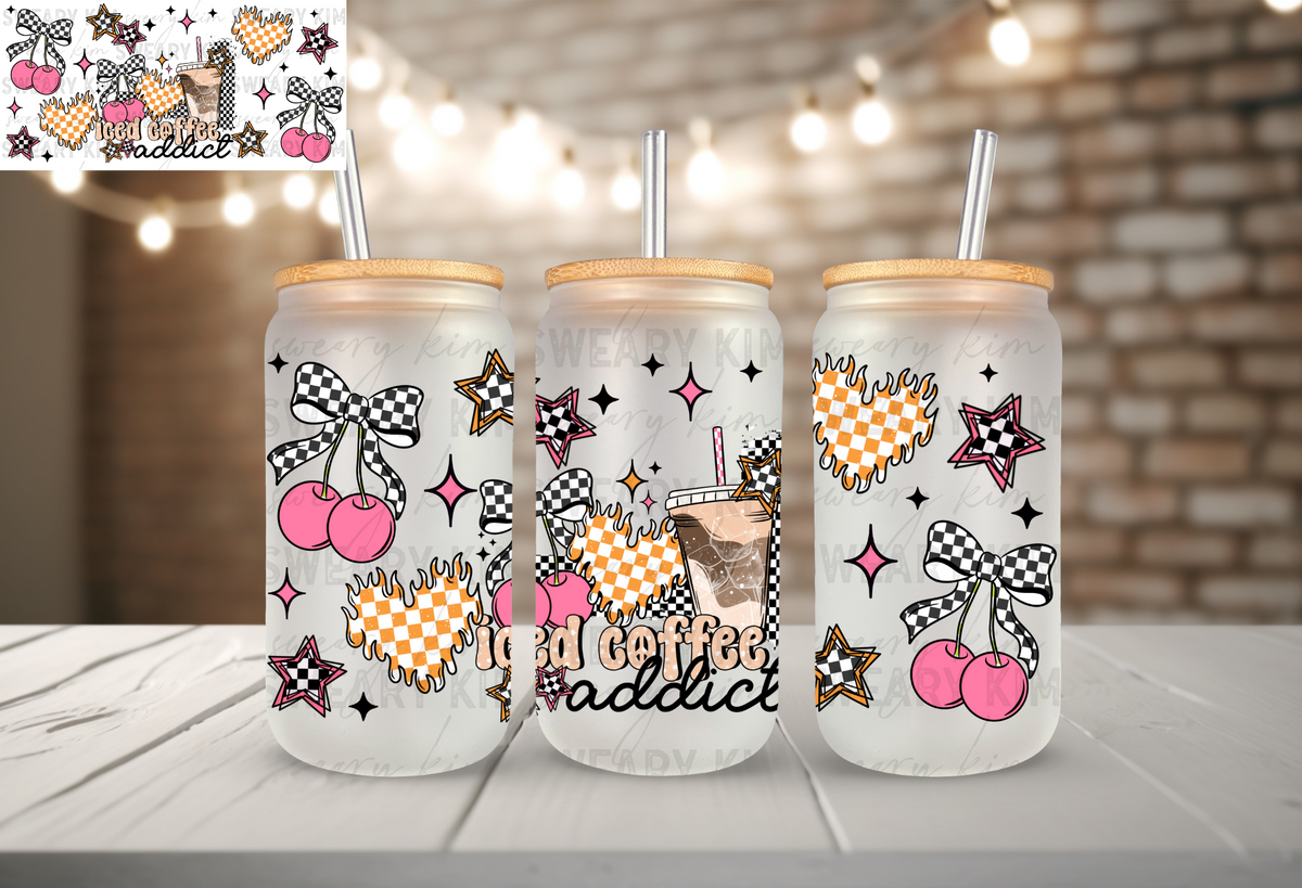 Retro Iced Coffee Addict UV Dtf 16oz glass can wrap