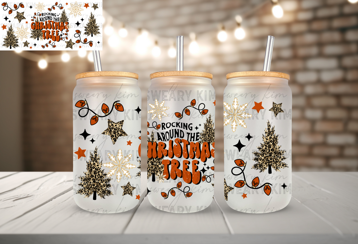 Rocking Around The Christmas Tree UV Dtf 16oz glass can wrap