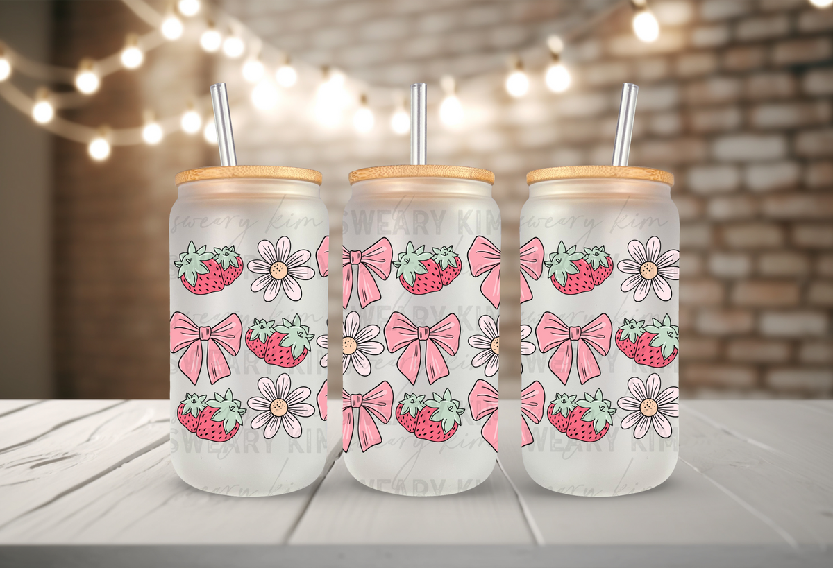 Strawberries, Bows, & Flowers UV Dtf 16oz glass can wrap