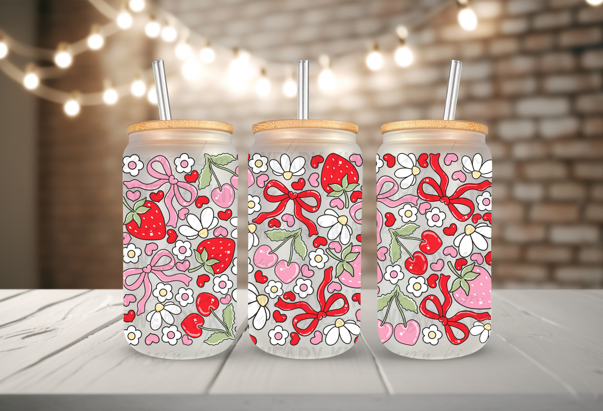 Strawberry & Cherry Florals & Bows UV Dtf 16oz glass can wrap