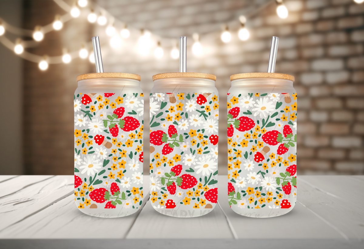 Strawberries, Mushies, & Flowers UV Dtf 16oz glass can wrap