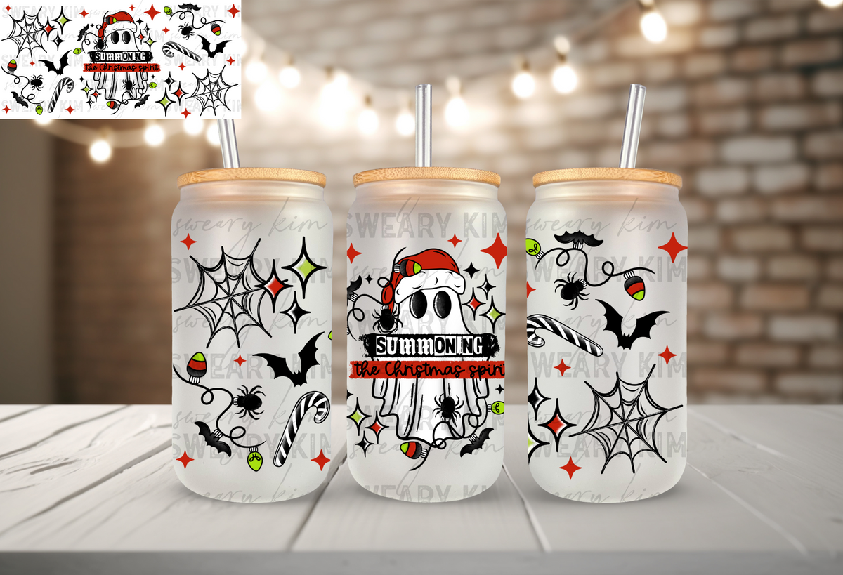 Summoning The Christmas Spirit UV Dtf 16oz glass can wrap