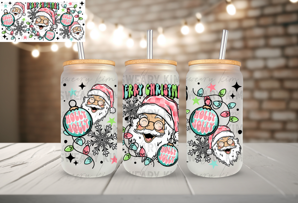 Vanilla Holly Jolly Santa UV Dtf 16oz glass can wrap