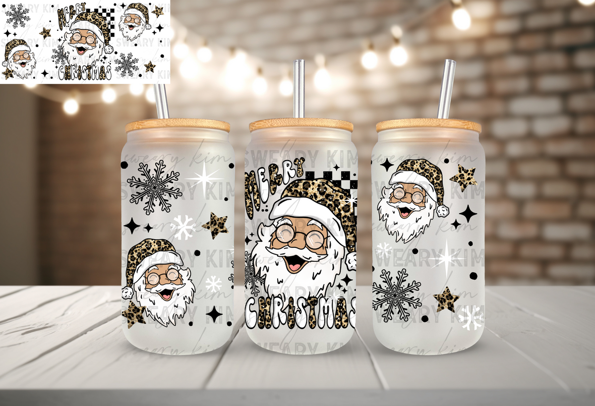Vanilla Leopard Santa UV Dtf 16oz glass can wrap