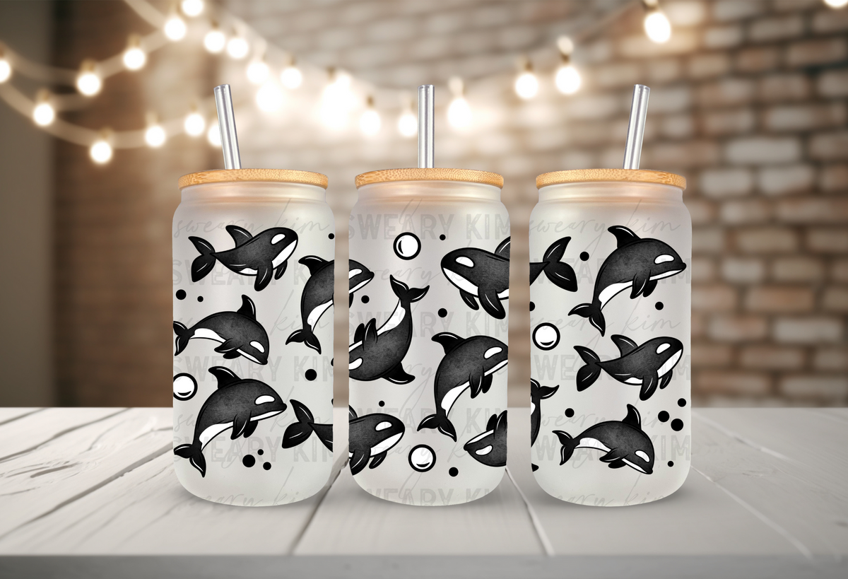 Orca Whales UV Dtf 16oz glass can wrap