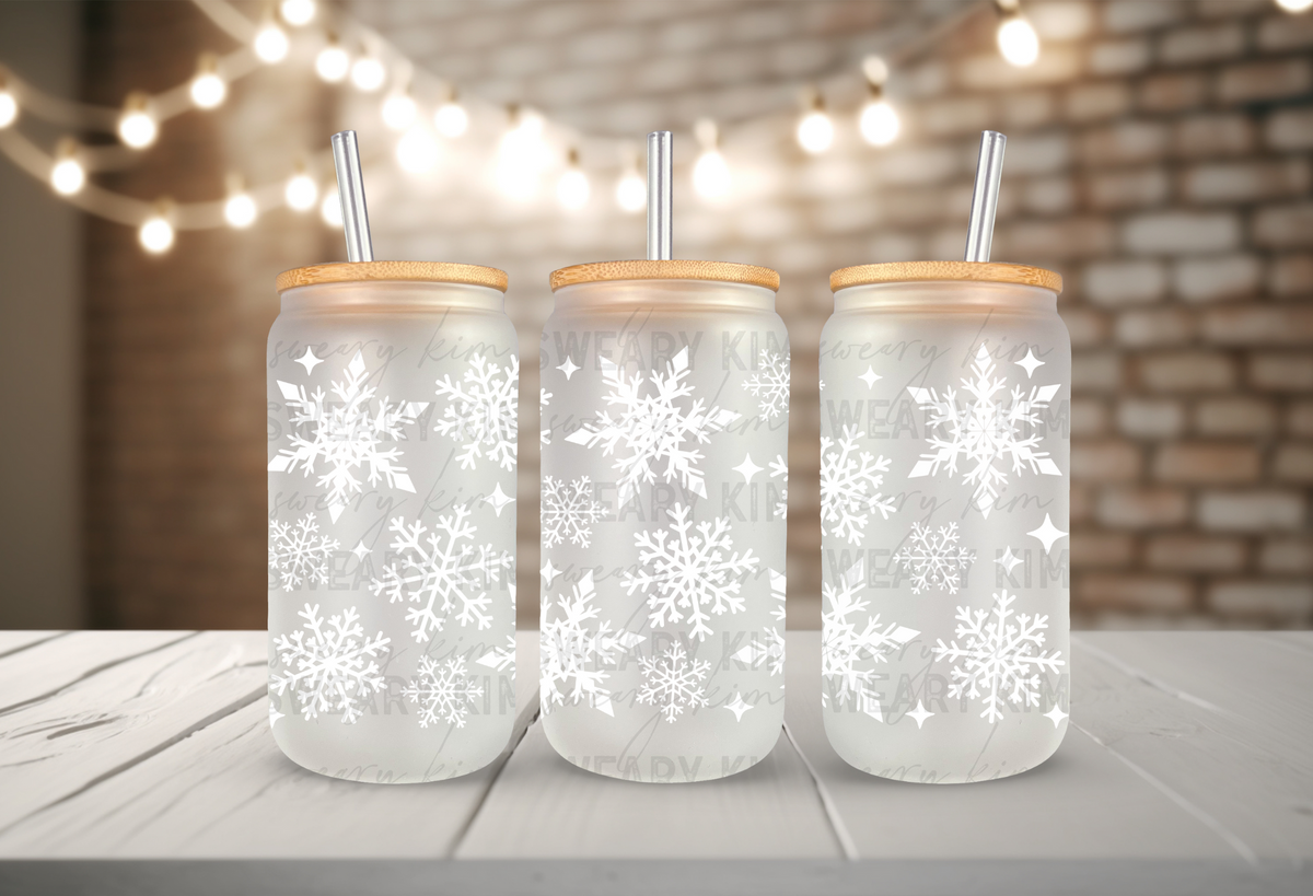 White Snowflakes UV Dtf 16oz glass can wrap