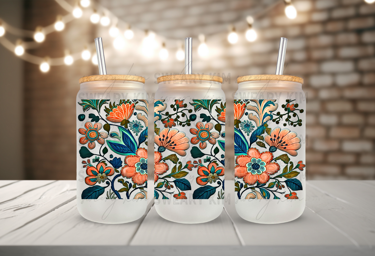 Coral & Blue Florals UV Dtf 16oz glass can wrap