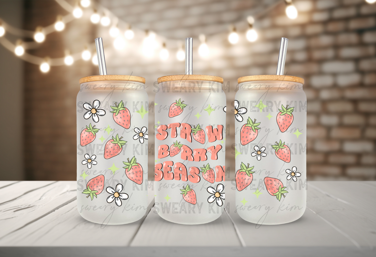 Strawberry Season UV Dtf 16oz Glass Can Wrap