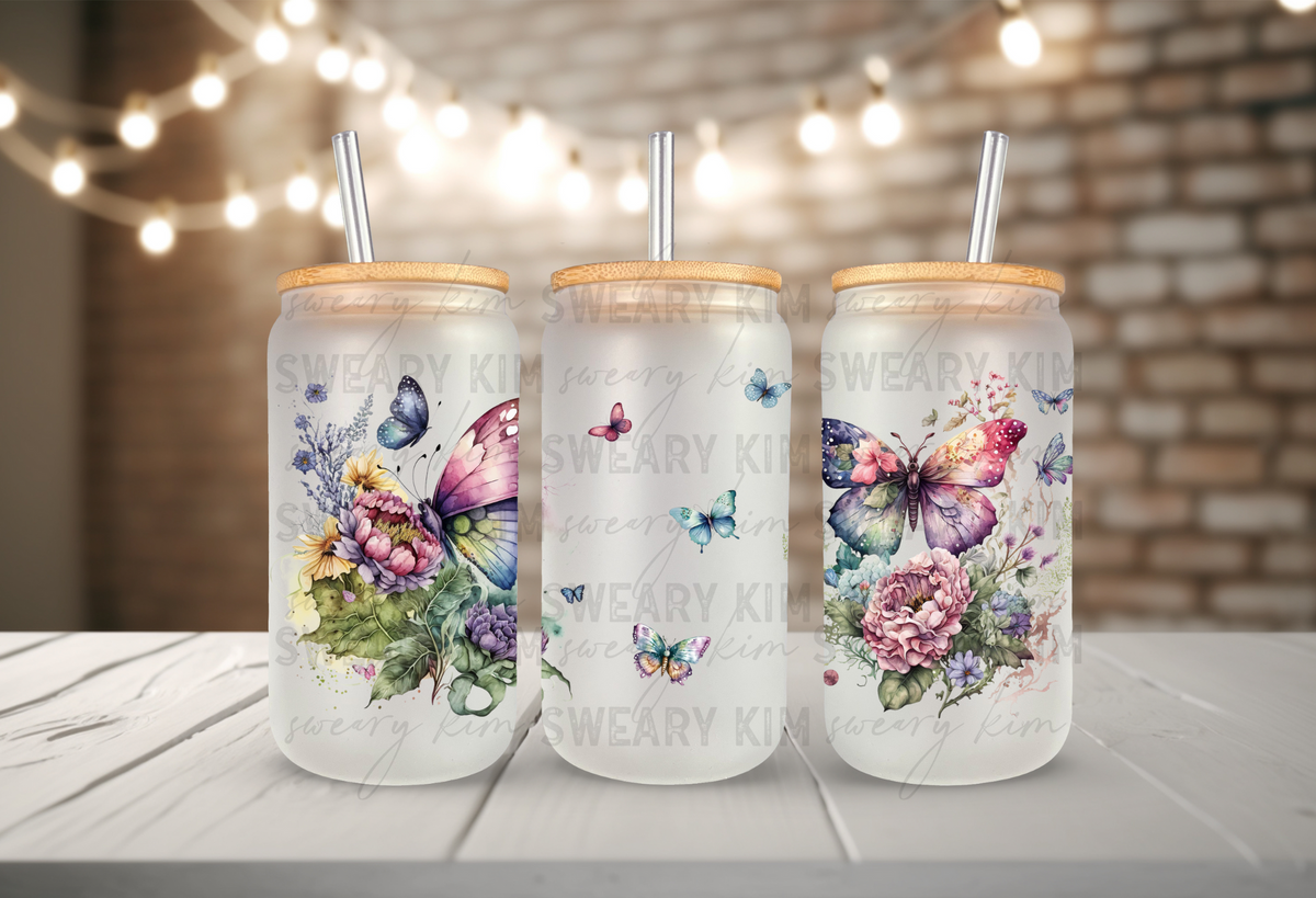 Floral Butterflies UV Dtf 16oz glass can wrap