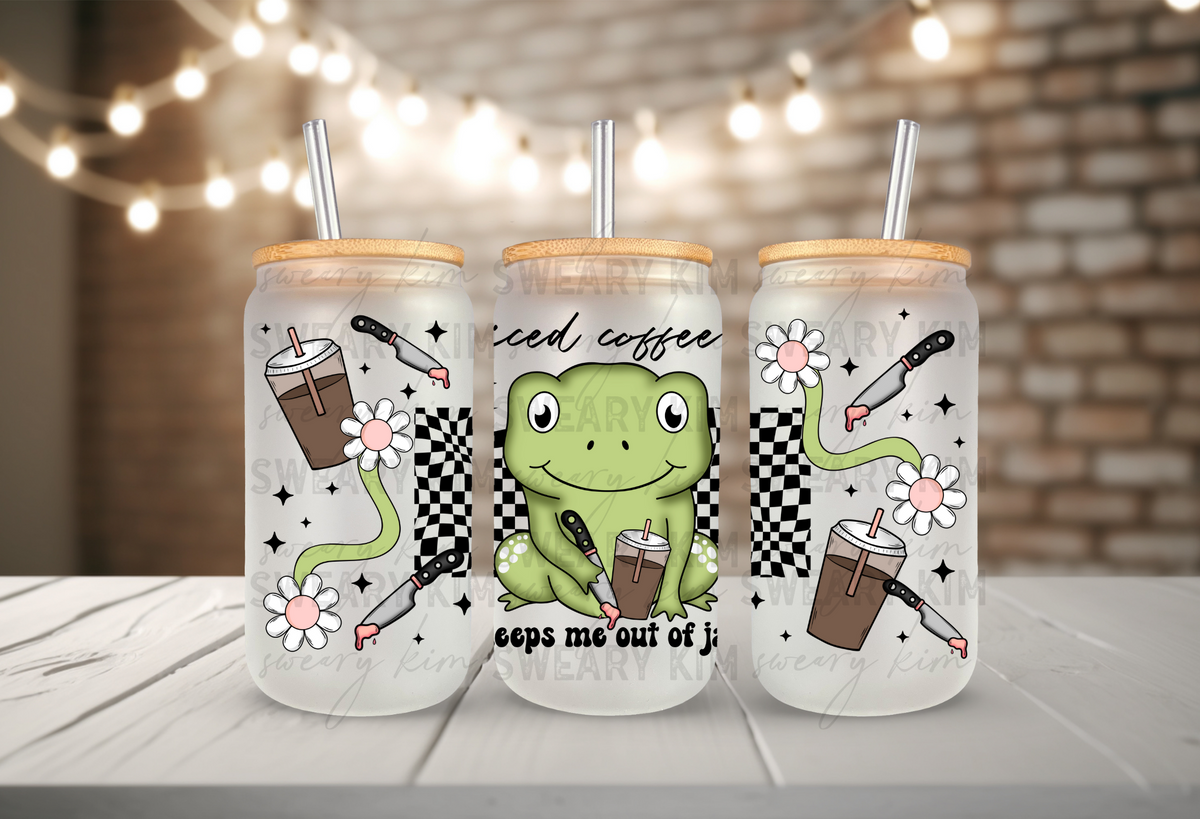 Exclusive Iced Coffee Keeps Me Out Of Jail Frog UV Dtf 16oz glass can wrap