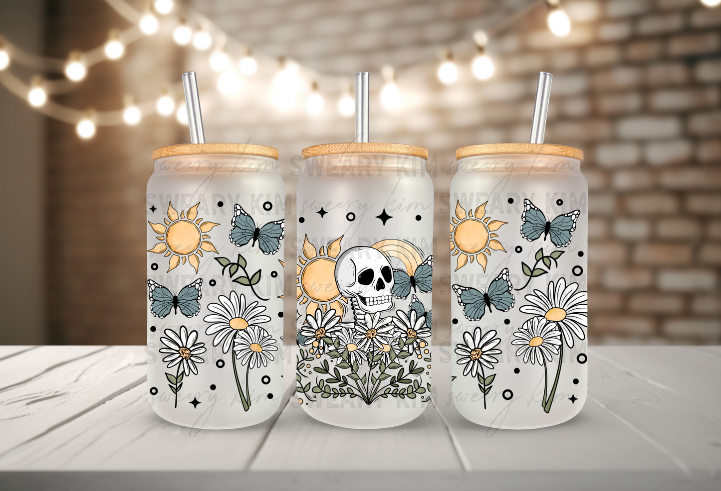 Sunshine and Skellies UV Dtf 16oz glass can wrap