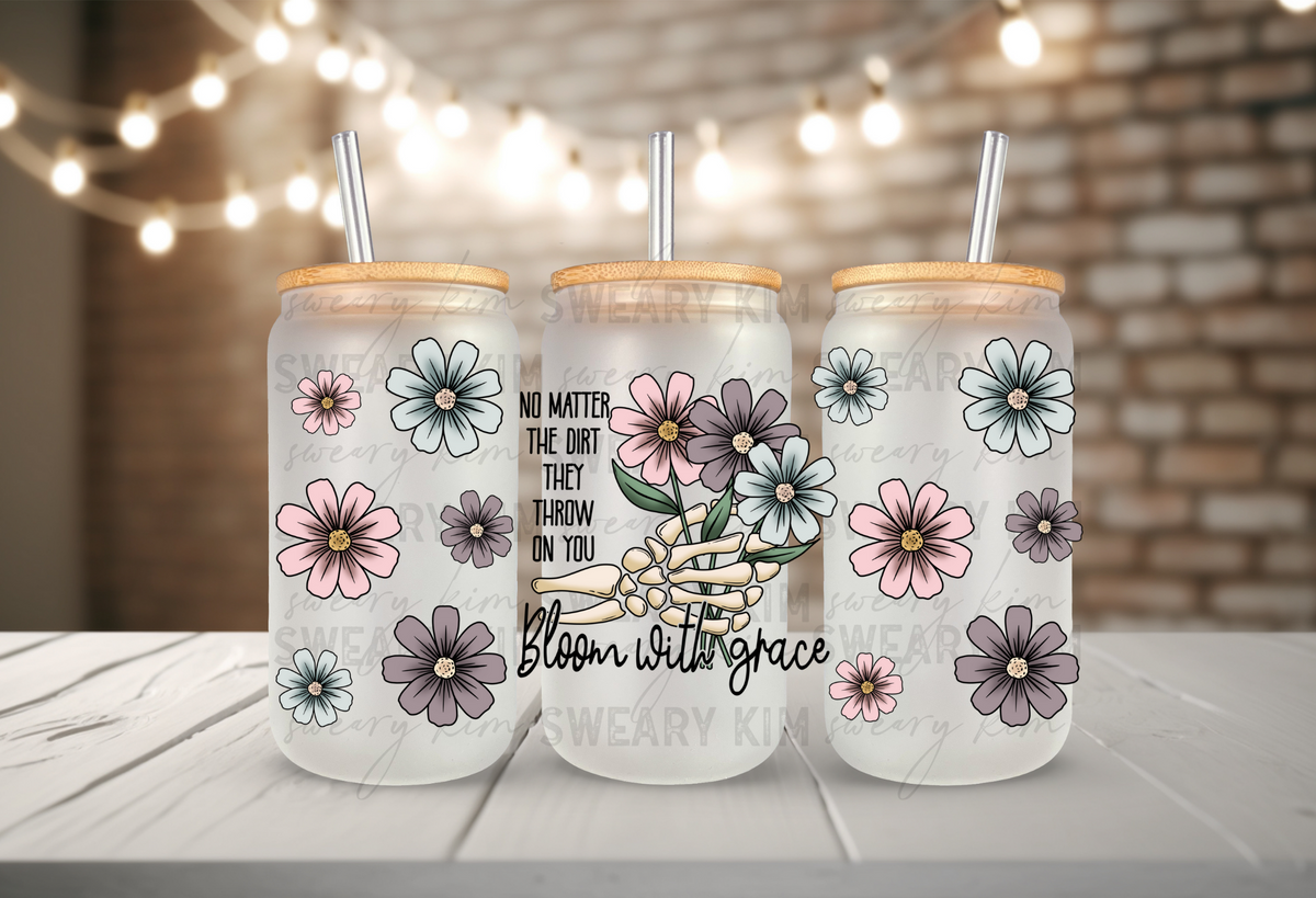 Bloom With Grace Skellie Flowers UV Dtf 16oz glass can wrap