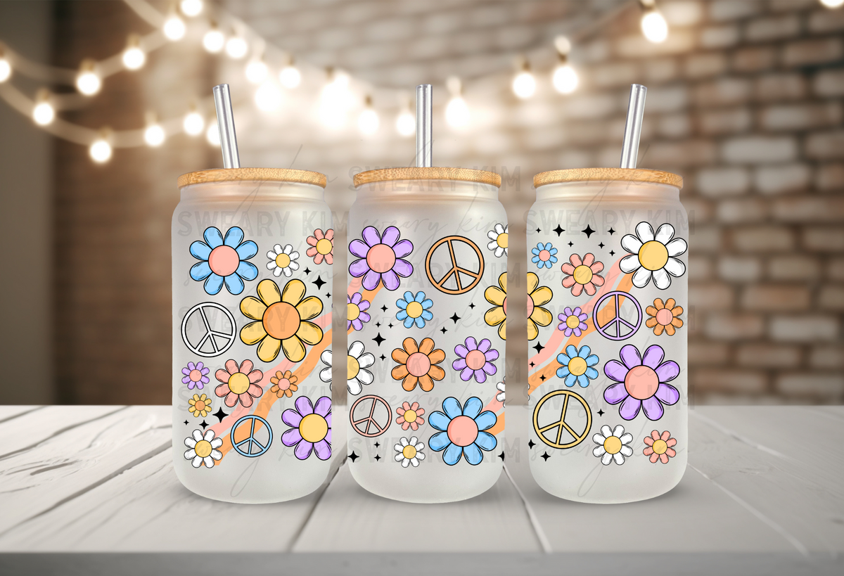 Retro Flowers Peace Signs & Waves UV Dtf 16oz glass can wrap