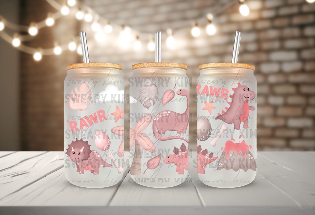 Pink Dino's UV Dtf 16oz glass can wrap