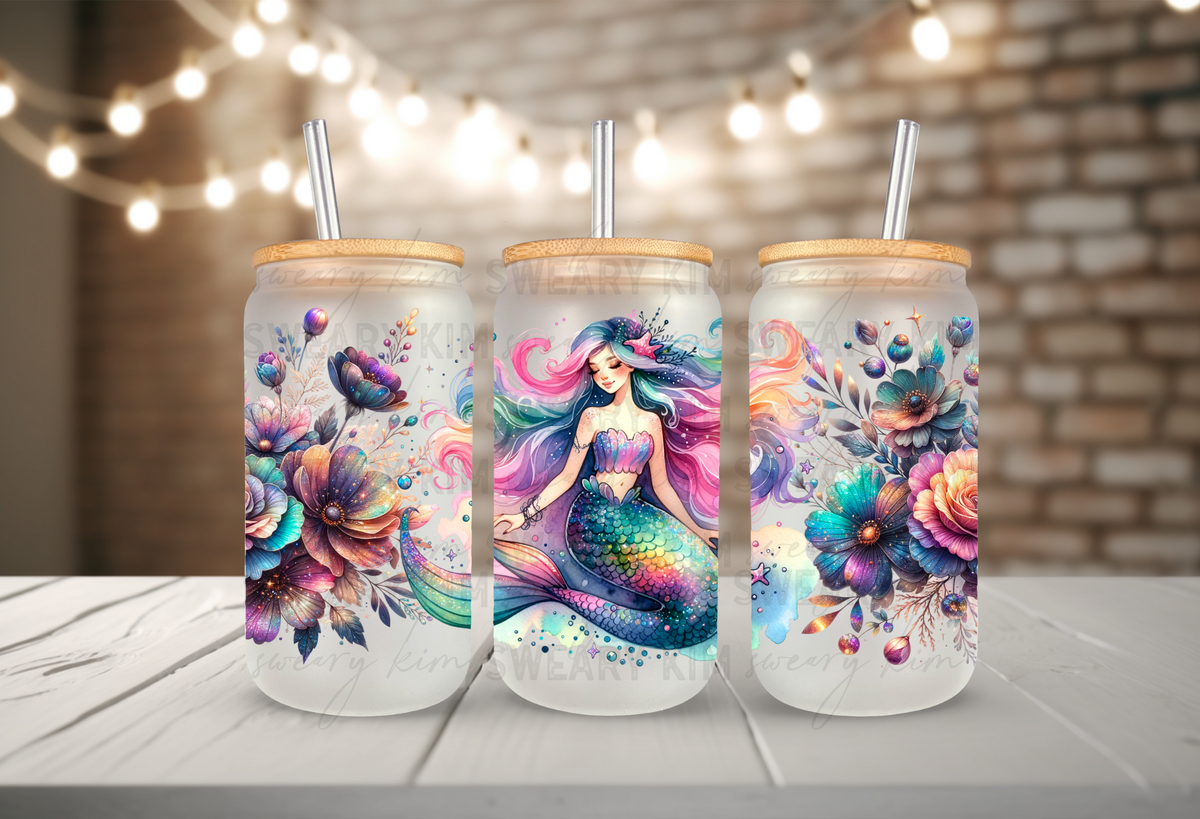 Watercolor Mermaid UV Dtf 16oz glass can wrap