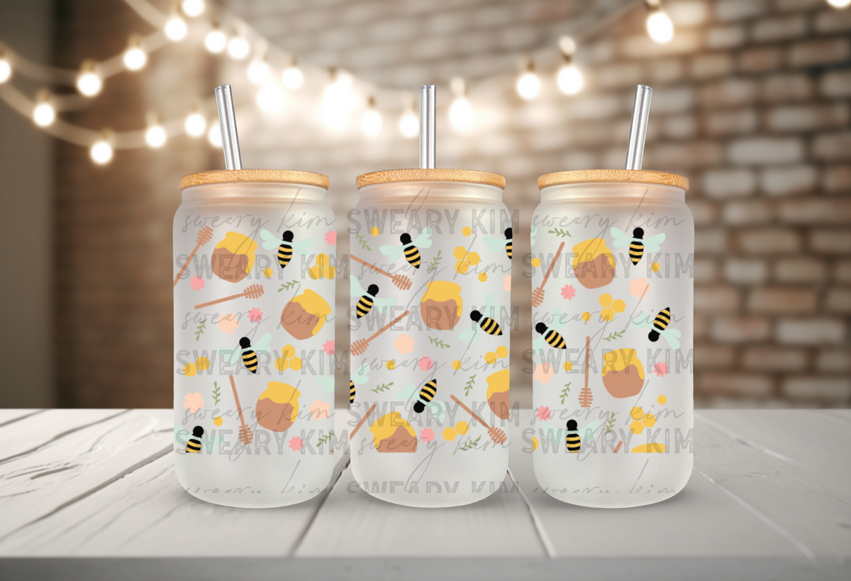 Honey Bee Flowers UV Dtf 16oz glass can wrap