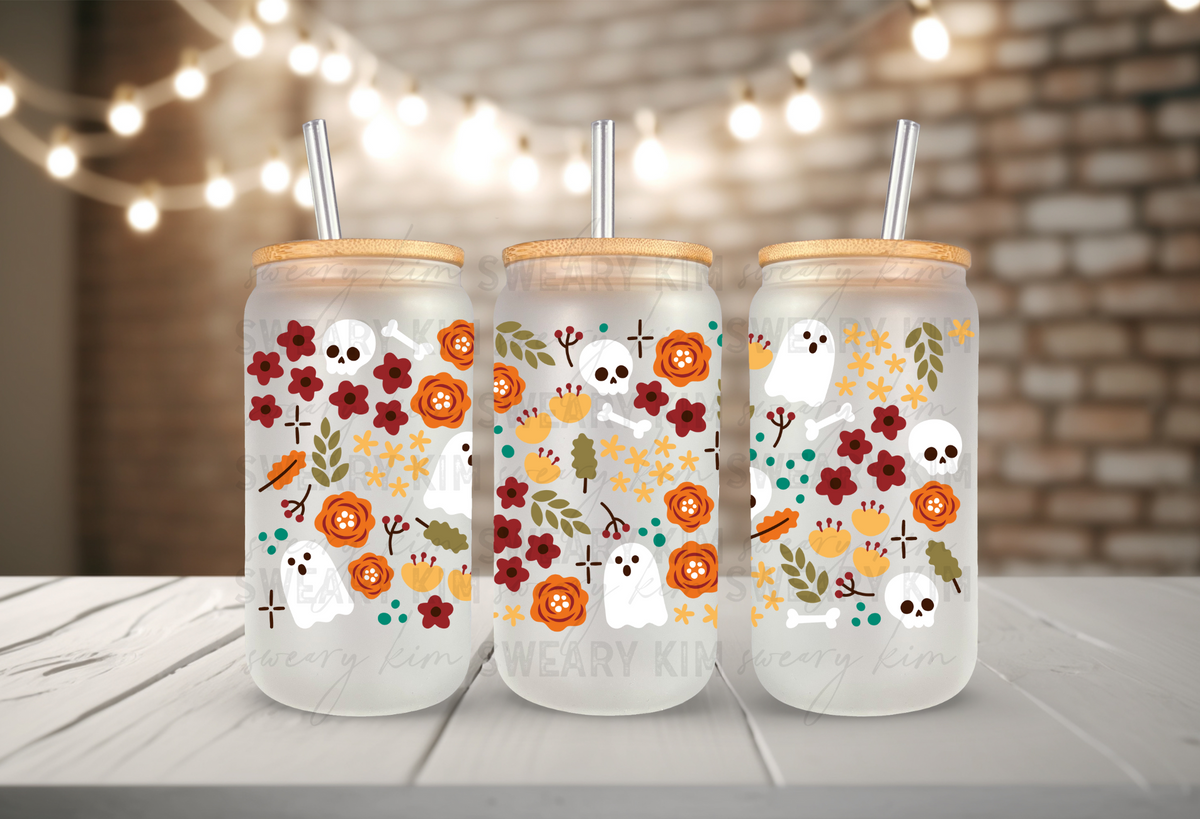 Fall Floral Spooky Doodles UV Dtf 16oz Glass Can Wrap