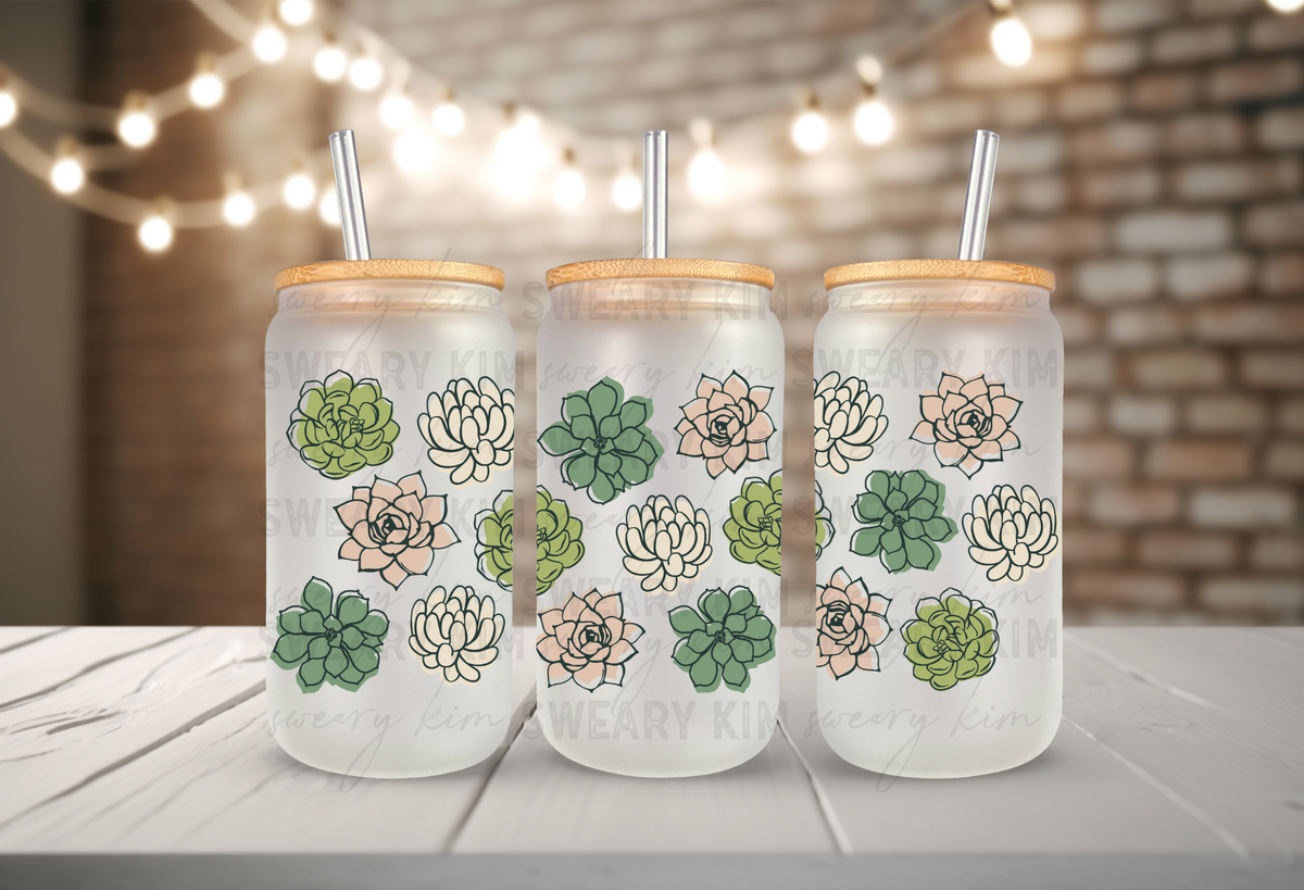 Succulent Neutrals UV Dtf 16oz glass can wrap