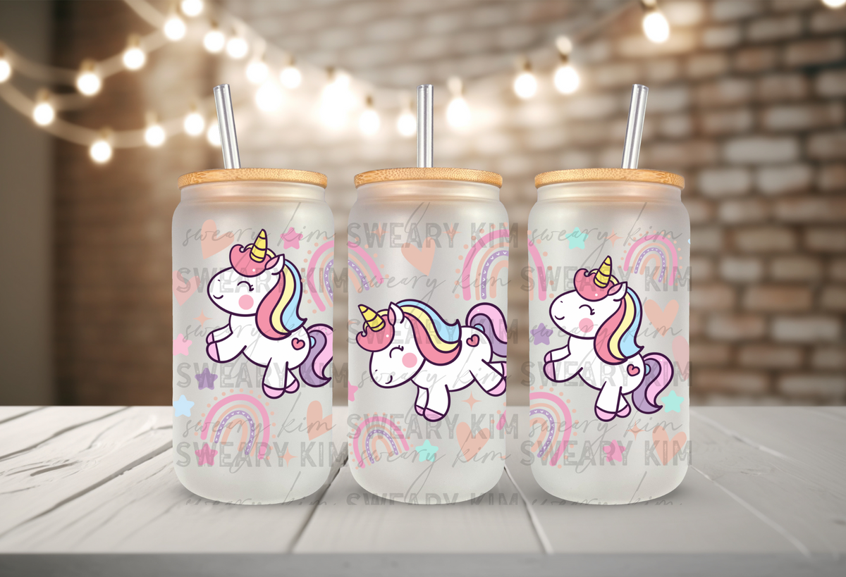 Dancing Unicorns UV Dtf 16oz glass can wrap